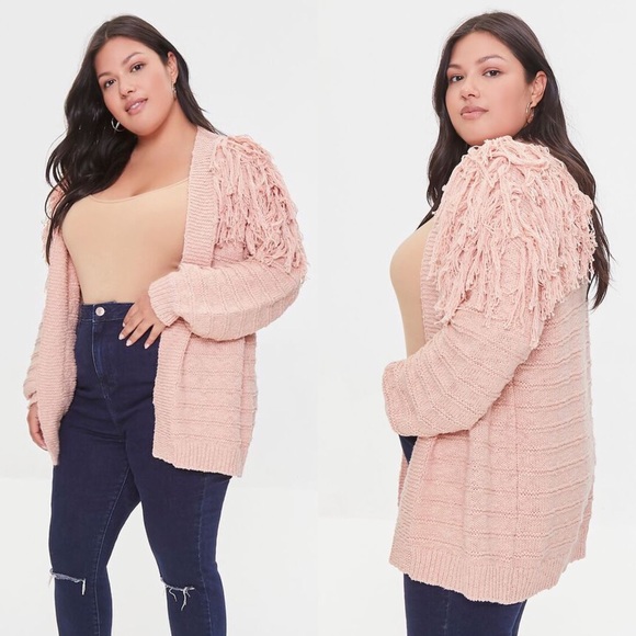 Plus Size Blush Fringe Cardigan Sweater - Picture 2 of 2